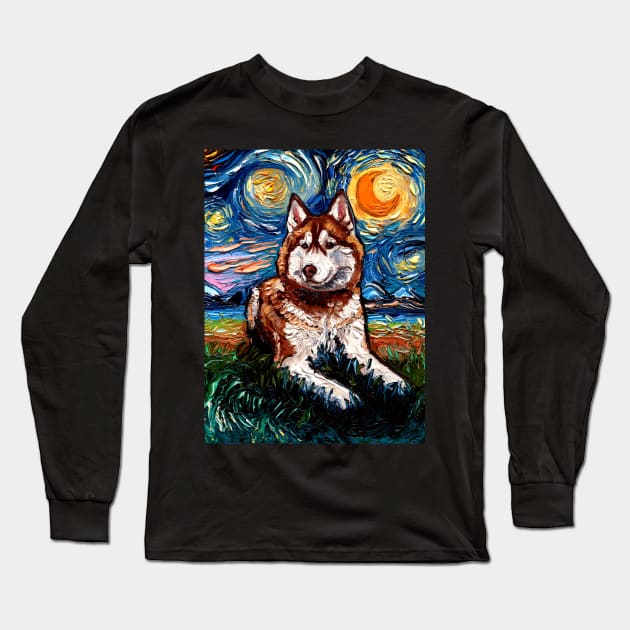 Red and White Husky Night Long Sleeve T-Shirt by sagittariusgallery